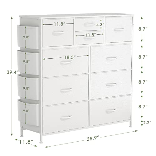 Lulive 10 Drawer Dresser, Chest of Drawers for Bedroom with Side Pockets and Hooks, PU Storage Dresser, Sturdy Steel Frame, Wood Top, Organizer Unit for Nursery, Hallway, Closet (White)