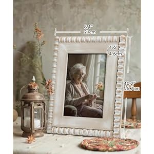 Afuly 5×7 Farmhouse Picture Frame Boho White Beads Photo Frame Wooden Distressed Wall Hanging Desk Standing Decor Artwork Personalized Birthday Gifts for Family Couple Friends