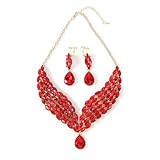 [ＫＫ　Ｓｏｌｉｓ] ネックレス イヤリングセット ピアス ブリーズクリスタル ドロップ型 モチーフ 大ぶり 演奏会 発表会 ベリーダンス 社交ダンス 首飾り ビジュ 高見え ショーアクセサリー (レッド・ネックレス・イヤリングセット)