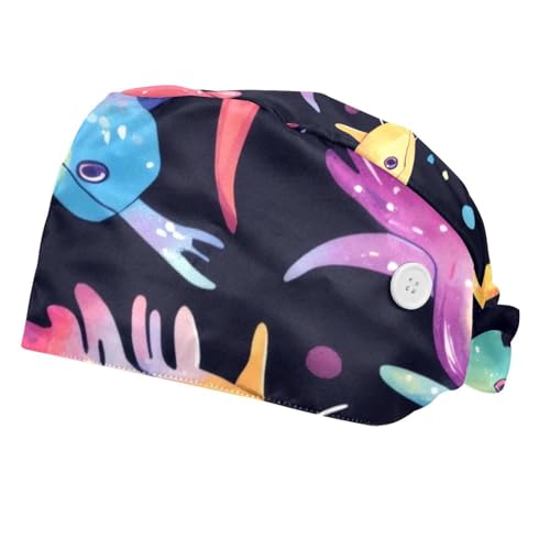 2 Pcs Rainbow Axolotl Pattern Working Cap with Buttons Sweatband Adjustable Hats Tie Back Hats