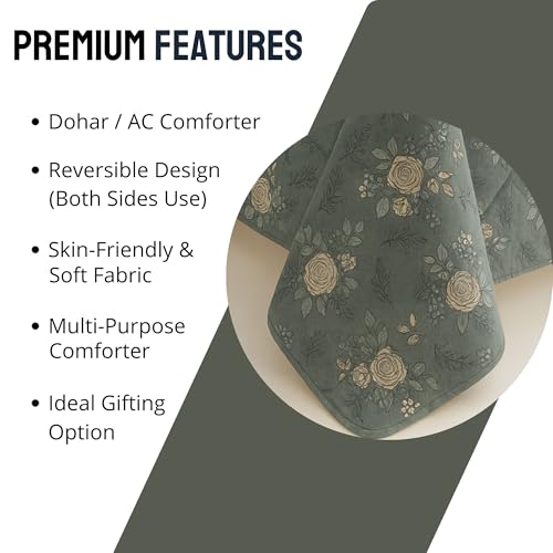 Image of Mafatlal 120 GSM Ultrasonic Microfiber Single Reversible AC Comforter | 90 x 60 Inches | Summer Kambal Quilt | Twin Bed | Olive Green