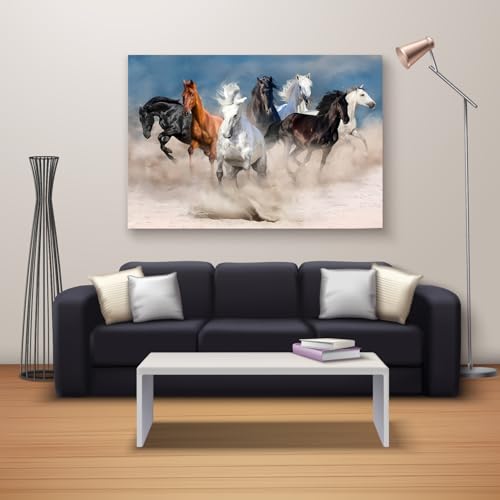 Image of Rangoli Seven Running Horses Wall Painting | Vastu-Inspired Canvas Art for Positive Energy | Framed 3D Artwork for Living Room, Office & Home Decor | Elegant Wall Decor Painting (12 x 18 Inch) (white)