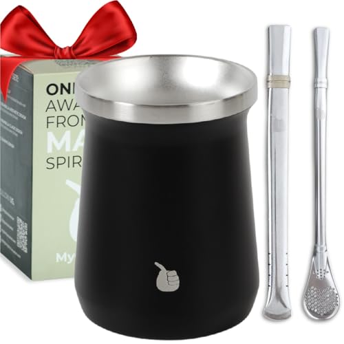 Gaucho-Market™ Yerba Mate - Taza de té mate de acero inoxidable con aislamiento de doble pared, incluye bombilla (pajilla) y un cepillo de limpieza (negro espiral)
