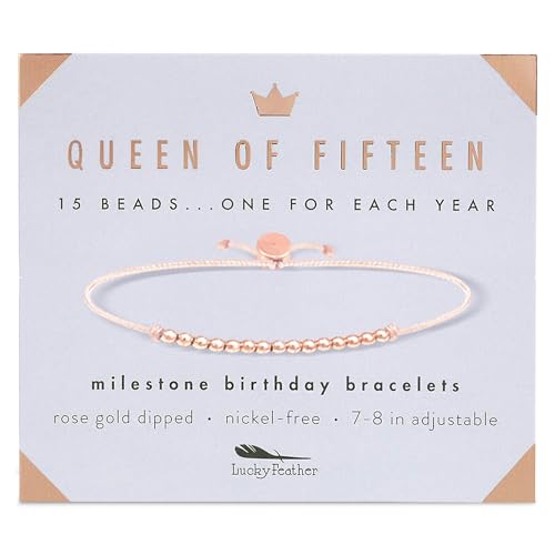 Lucky Feather Quinceanera Gifts For 15 Year Old Girl | 15th Birthday Bracelet With 14k Dipped Beads Adjustable Cord Milestone Gift | Trendy 15 Year Old Girl Gifts | recuerdos para 15 años quinceañeras