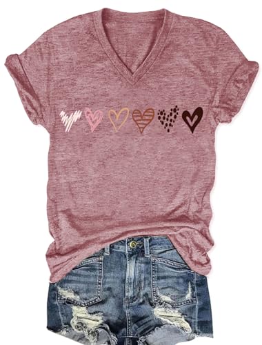 Valentine's V-Neck T-Shirts Women Love Heart Print...