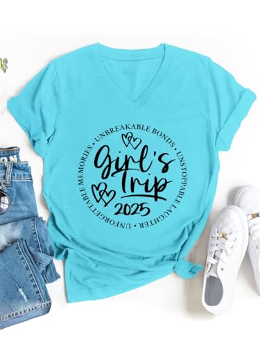 Girls Trip Shirts for Women Graphic Tee V-Neck Summer Vacation Beach Shirt Besties Travel Weekend Matching T-Shirt2