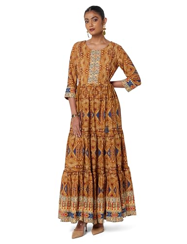 Image of BIBA Women Casual Dress Ankle Length Cotton Tiered Dress