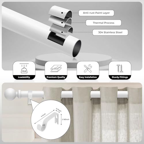 White Extra Long Curtain Rods for Windows 120 to 170 Inch, Adjustable Heavy Duty 1" Diameter Decorative Curtain Rod with Round Finials, Modern Easy Install Extendable Metal Drapery Pole Set