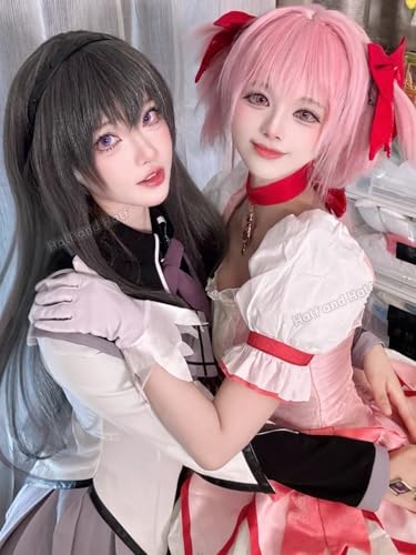Image of Homura Akemi Cosplay Wig 35.4'' Long Straight Black Gray Anime Wigs | Magic-Girls Black Wigs with Bangs for Costume Halloween Party Daily