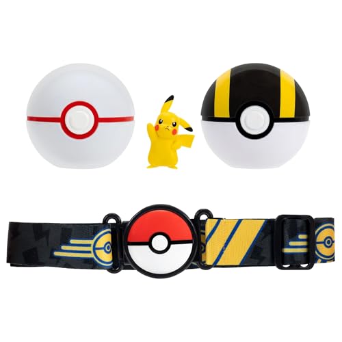 Ensemble Ceinture Pikachu Clip ‘N’ Go Pokémon - Figurine de Combat Pikachu de 5 cm avec Premier Ball, Ultra Ball et Ceinture thématique de Type Électrik