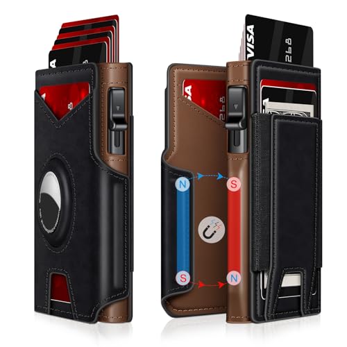 Airtag Wallet for Men, Minimalist Slim Mens Wallet Smart Pop Up Credit Card Holder for 9-13 Cards, RFID Blocking Wallet with ID Window & Cash Slot, Compact Bifold Metal Aluminum Card Case