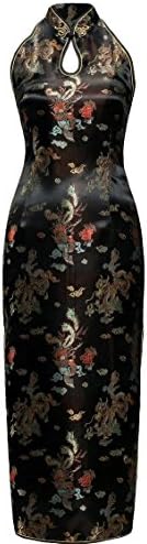 7Fairy Women's Black Backless Long Chinese Prom Dress Dragon Halter