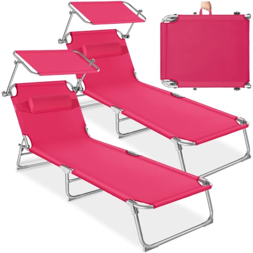 tectake® Set de 2 Chaise Longue Pliante Bain de Soleil Jardin Exterieur avec Pare Soleil & Appuie-tête Chaise Longue inclinable Transat de Plage Relax...