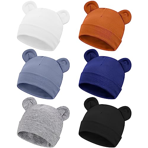 Toulite 6 Pcs Preemie Hats Cotton Preemie Caps Cute Beanie Bear Ears Hospital Cap for Premature Baby Boys Girls(Dark Colors,Solid Style)