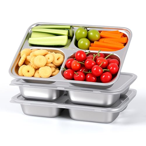 GOFULLHOME 3-Pack Stainless Steel Snack Containers with Lids, 4-Compartment Bento Boxes, Reusable Meal Prep and Lunch Containers - Divided Food Storage Containers Ideal for Home and Travel