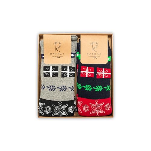Image of RAFRAY Women's Christmas Socks - Cozy Calf-Length Winter Socks with Snowman & Reindeer - Gift Box - 2 Pairs - Size 5-9.5