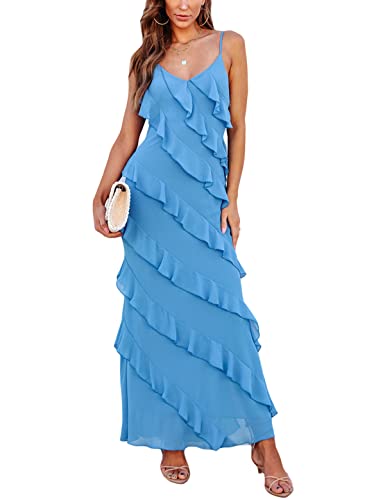 Image of houstil Women's Casual Summer Dress Strap Ruffle Beach Party Maxi Cocktail Evening Holiday Wedding Guest Dresses