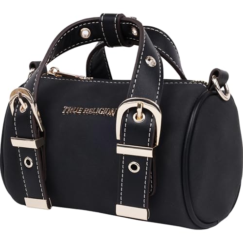 True Religion Metal Plaque Quilted Crossbody Bag, Quilted Shoulder Purse with Gold Logo and Adjustable Handbag, Black