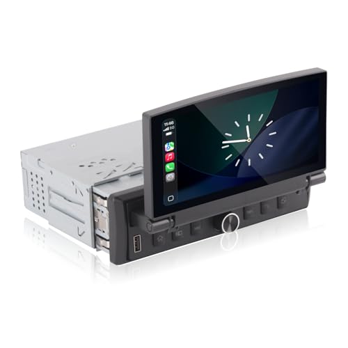 Autorradio de un Solo DIN con Pantalla abatible, CarPlay inalámbrico y Android Auto, Radio para Coche con Pantalla táctil abatible y Calidad de Sonido de Nivel OEM, Bluetooth, FM y Am