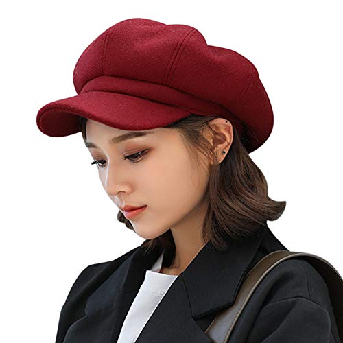 iMixCity Chapeau Gavroche Hiver Femme Casquette Vintage en Fausse Laine à visière Beret Cabbie pour Dames,Taille unique,Rouge Cover