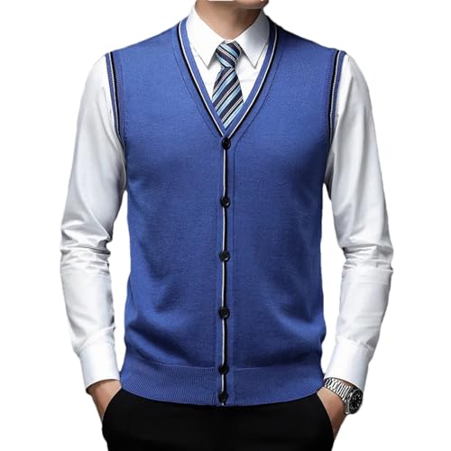 2024 Autumn Men's V-Neck Vest Knitted Cardigan Classic Business Warm Casual Vest Royal blue L#L