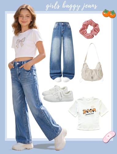 Image of Jeans for Girls Baggy Wide Leg Cute Bow High Elastic Waisted Denim Pants Y2K Boyfriend Skater Streetwear 7-14Y