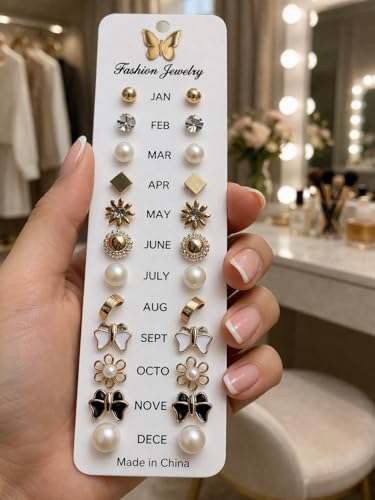Image of 12 Pairs Stud Earrings Set for Women & Girls | Pearl, Bow, Flower & Square Designs Earrings Combo | Lightweight, Skin Friendly Daily Wear Jewelry