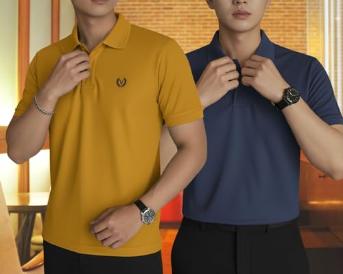 Image of MACK JONNEY Men's Solid Polo T-Shirt | Premium Cotton Blend | Regular Fit | Short Sleeve | Collared Casual Wear|Pack of 2 -MJ-157