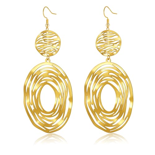 Big Gold Dangle Earrings, Hollow Out Boho Earrings for Women, Long Dangling Bohemian Earrings, Handmade Trendy Geometric Fish Hook Statement Earrings