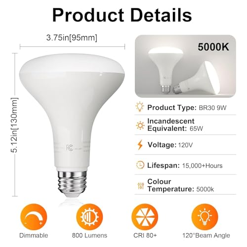 Image of TJOY 6 Pack BR30 Flood Light Bulb Indoor, Daylight Recessed Light Bulbs