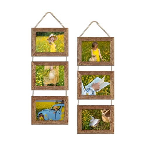 ccdcc 5x7 Collage Picture Frames Set of 2, Rustic Wooden Real Glass Horizontal Hanging 3 Opening 5 by 7 Photo Frame, Rustic Brown