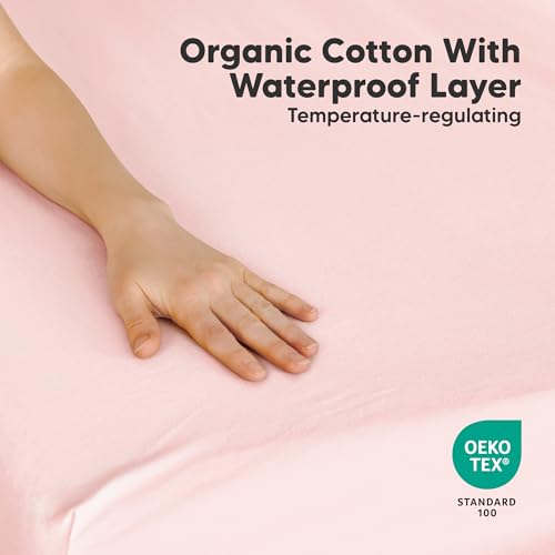 Image of 2 Pack and Play Sheets, Waterproof Mini Crib Sheets Fitted - 38x26 Organic Cotton Pack N Play Sheets for Graco Pack and Play Mattress, Playard Baby Crib Sheets,Neutral for Boy,Girl,Toddler(Mist Rose)