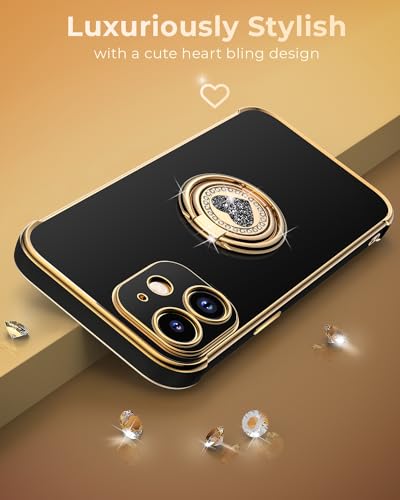 Image of XYZ for iPhone 11 Back Cover Case with Ring, Double Ring Holder Stand Case Heart with Strap for Girls Women, Luxury Cute Bling Protective Phone Cover Case for iPhone 11, Black