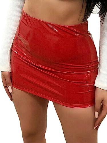 Edhomenn Jupe courte à taille haute pour femme Y2k Sexy brillante en PU cuir moulante, mini jupe pour soirée, club, vêtements sexy, Aa-red, XL