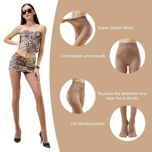 Image of MANZI 2 Pairs Women's Sheer Tights 40D High Waist Control Top Pantyhose Thigh High Stockings with Reinforced Toes