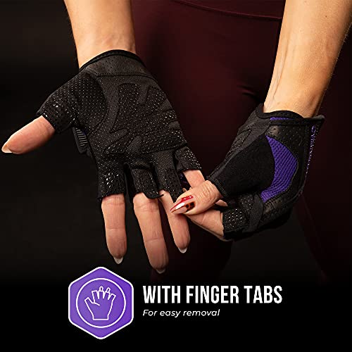 Contraband Pink Label 5137 Women's Padded Weight Lifting And Rowing Gloves W/ Grip-Lock Padding (Pair) - Machine Washable Fingerless Workout Gloves Designed Specifically For Women (Purple, Small) #TOP6
