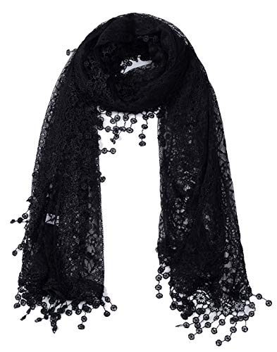 Women's lightweight Feminine lace teardrop fringe Lace Scarf Vintage Scarf Mesh Crochet Tassel Cotton Scarf for Women (Black with Fringes)