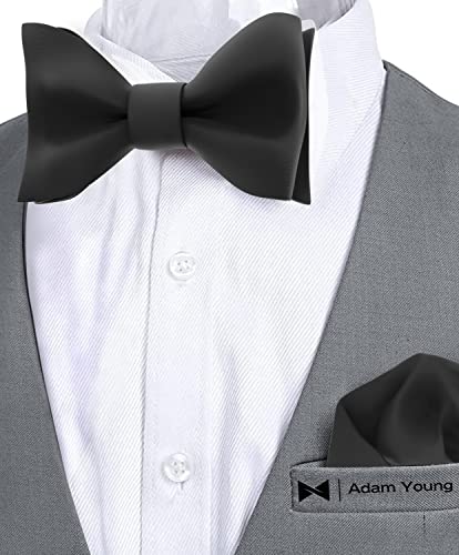 Image of Adam Young Men's Self Tie Bow Tie with Pocket Squares Made of Sami-Glossy Satin Bowtie for Tuxedo Faux Silk
