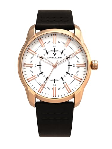 Image of Daniel Klein Men's Analog Quartz Watch | White Dial | Black Genuine Leather Strap | Rose Gold Round Case | Casual Fashion Watch | DK11599-55