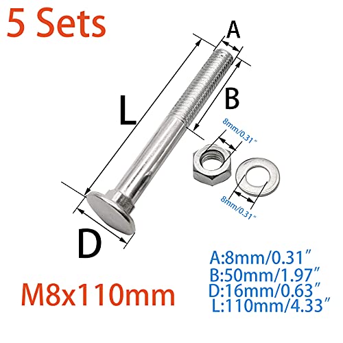 Image of 5 Sets Long Square-Neck Carriage Bolts Set,Carriage Bolts Set w /Nuts & Flat Washers,Zinc-Plated,Carbon Steel Grade 4.8,Plain Finish,Partial Threaded(M8-1.25X110mm)