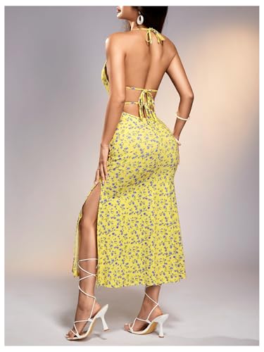 Image of Floerns Women's Summer Blackless Floral Print Halter Neck Midi Dress Light Yellow Medium