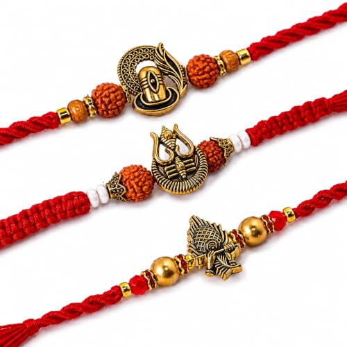Image of Premium Set of 3 Rakhi for Brother with Greeting Card | Raksha Bandhan Trishul Design Rakhee Thread | Shivling & Ganesha Rakhi Gift Set for Brother, Bhaiya & Bhabhi | Traditional Designer Rakhi Combo