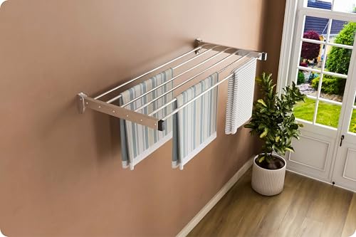 Image of Amiraj Heavy Duty Stainless Steel Wall Mounted Clothes Drying Rack | Foldable & Space Saving Cloth Dryer Stand for Balcony, Laundry & Bathroom | Rust-Free Laundry Rack (4 Feet, 6 Pipe)