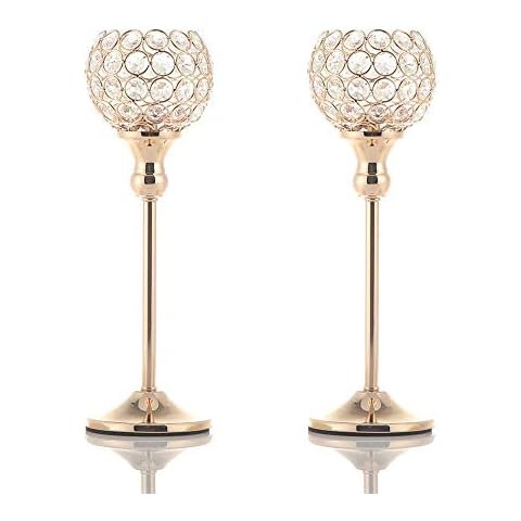 VINCIGANT Crystal Candle Holder Gold, Ornaments for Living Room, Golden Wedding Decorations, 2pcs 33cm Tall, Gift Box Package Cover