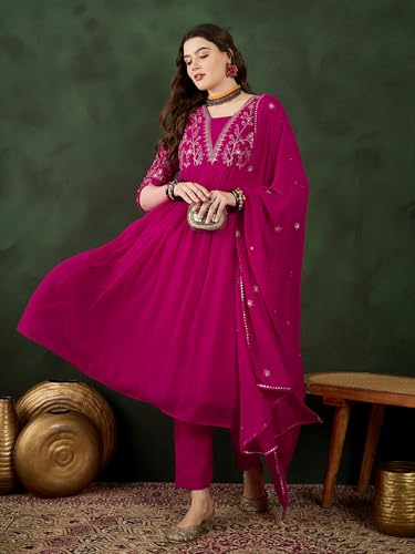 Image of SheWill Kurta Set for Women - Maroon Velvet Zari Sequence Cording Embroidered Kurta with Pant and Cutwork Organza Dupatta