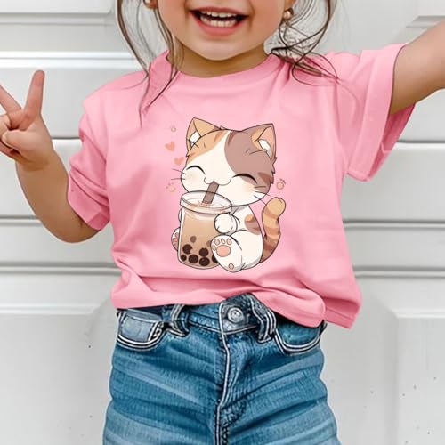 KEEVICI Cute Cat Shirts for Girls Graphic Tees Bubble Tea Tshirt Kids Kawaii Cartoon Animal Print T Shirt Summer Cotton Tops4