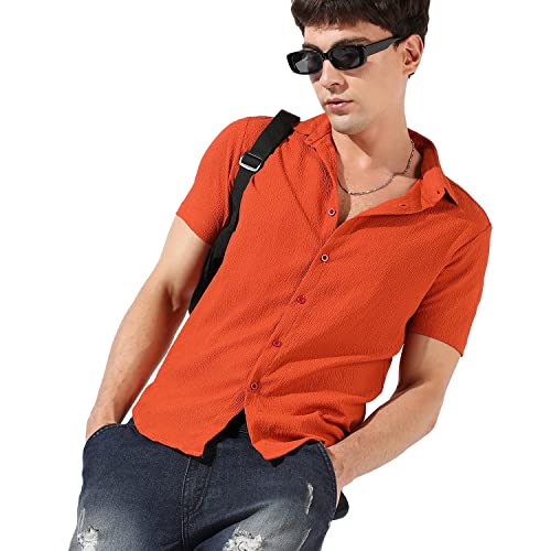 Image of CAHOOT Men's Button Up Shirt for Casual Wear | Regular Fit | Poly Lycra Shirt Crafted with Short Sleeve & Enhanced Stretch Comfort Fit for Everyday Wear
