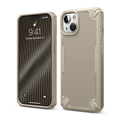 Image of elago Premium Tpu Armor Case, Heavy-Duty Protective Case, Carbon Fiber Texture, Tough Rugged Design, Shockproof Bumper Cover, Full Body Protection, Compatible For Iphone 13 6.1 Inches (Sand), Beige