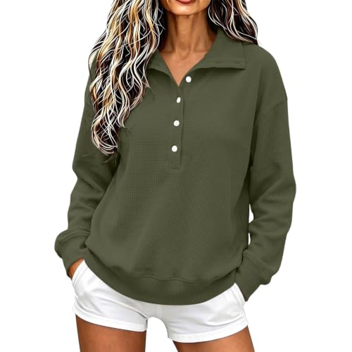 XINGJIAARTS Waffle Knit Tops For Women Button Up Long Sleeve Sweatshirt Casual Y2k Collared Pullover Streetwear Fall Outfits Army Green XX-Large (xx_l) - image 1