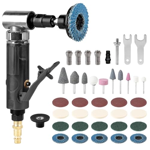 Druckluft Schleifer,Luftschleifer,Stabschleifer Druckluft,40pcs Druckluftschleifer Set,90-Grad-Biegung, mit Schleifscheibe, Wollrad-Sandscheibe, Polierkopf, Lufteinlass für Konturschleifen